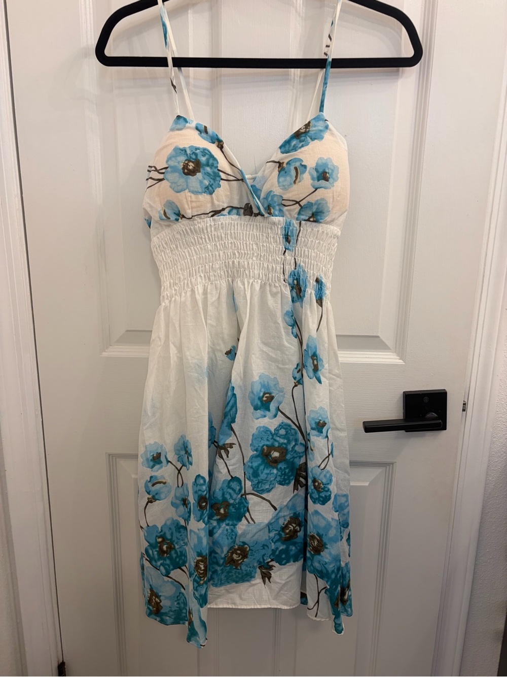 White & Blue Floral Sundress with Smocked Waist